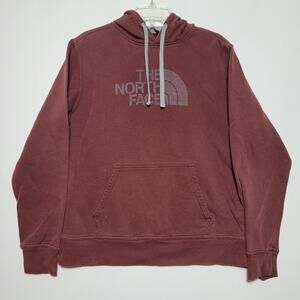 The North Face TNF Maroon Grey logo Pullover Hoodie Mens Size Medium Y2K